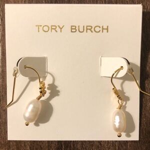 Tory Burch Gold and Cream Floral Drop Earrings